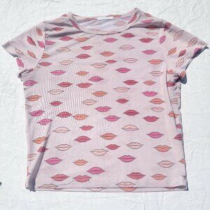 Full Tilt Top Crop Top with Lips Kiss Flirty Pink Soft Glam Hot Girl Mesh